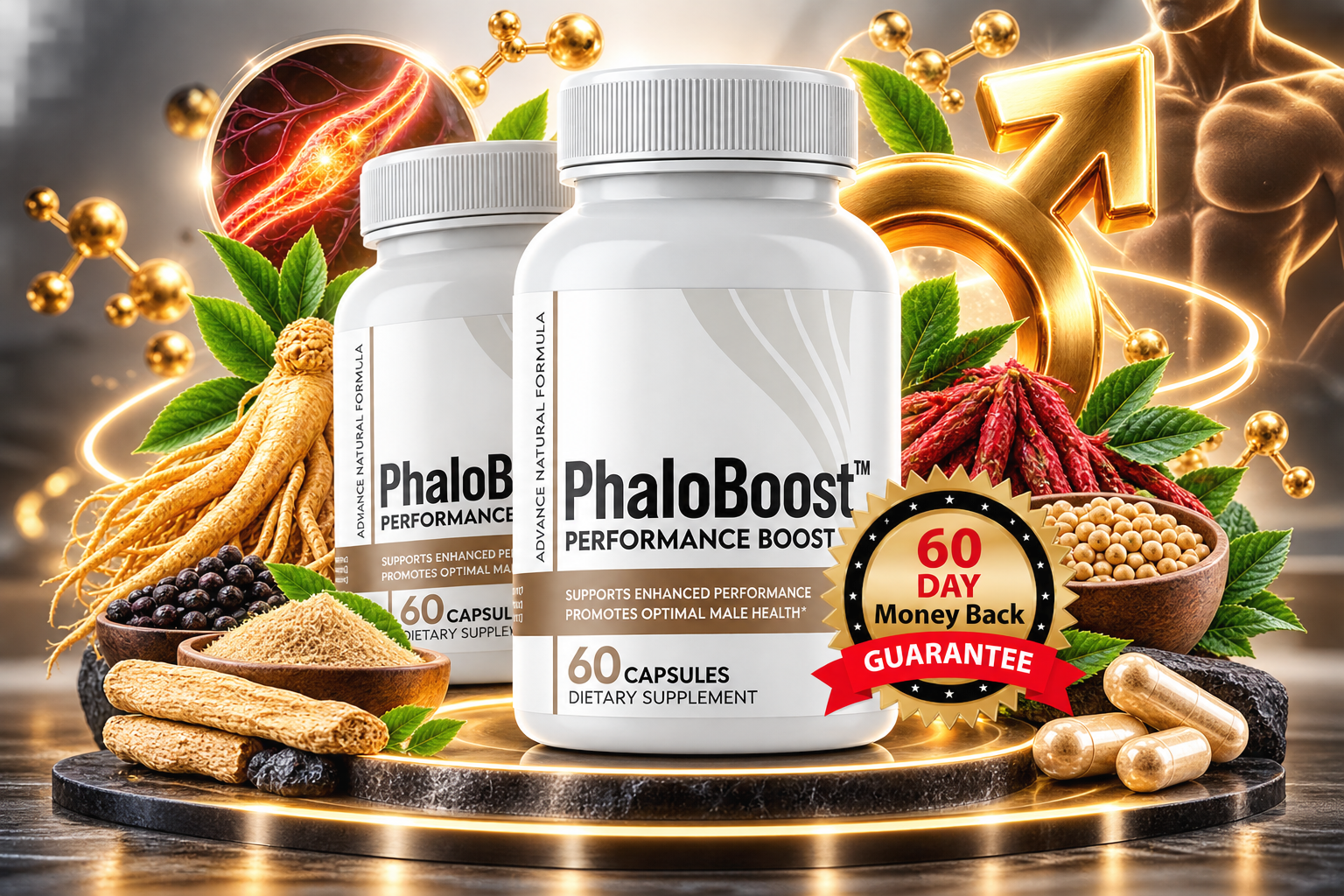 PhaloBoost bottle surrounded by its natural ingredients