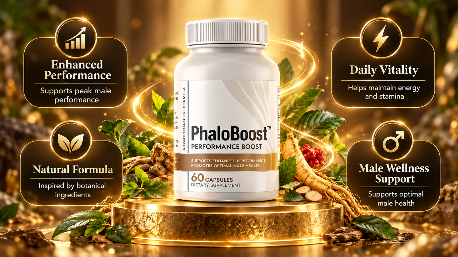 PhaloBoost bottle in a golden botanical setting